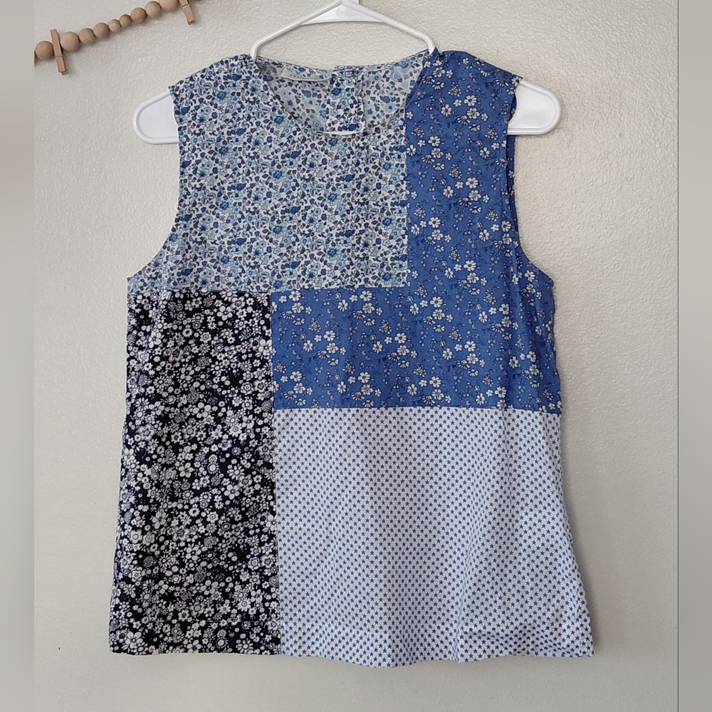 Equipment Reagan Patchwork Pattern Sleeveless Tan… - image 1